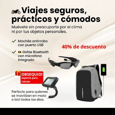 Super Combo - Maleta Antirrobo Con Puerto USB + Gafas Bluetooth + OBSEQUIO Soporte Impermeable de Celular Para Moto o Bici